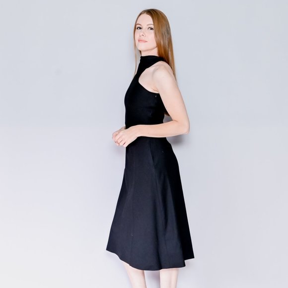 537. GIA STUDIOS Black High-Neck Midi Dress rare Designer Chic Small - Picture 5 of 7